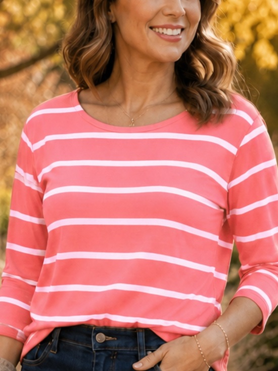 L.L. Bean Tops - Ll Bean Coral Pink and White Striped 3/4 sleeved Cotton top size Medium